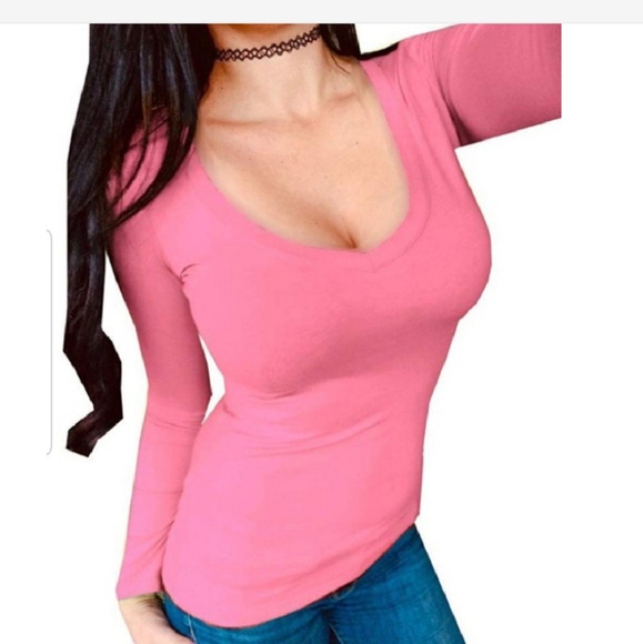 Pink long sleeve vneck solid lowcut tee shirt top - Picture 2 of 2